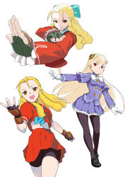 Rule 34 | 3girls, absurdres, age comparison, antenna hair, arm up, arms up, black footwear, black gloves, black shorts, blonde hair, blue jacket, blue neckerchief, blue ribbon, blue sailor collar, blue skirt, bow, breasts, brown eyes, capcom fighting jam, clenched hand, closed mouth, commentary request, double bun, double horizontal stripe, drill hair, fighting stance, fingerless gloves, forehead, gloves, gym shorts, hair bun, hair pulled back, hair ribbon, hairpods, hand up, highres, ingrid (capcom), jacket, kanzuki karin, long hair, long sleeves, lsizessize, mary janes, medium breasts, midriff, multiple girls, multiple views, navel, neckerchief, open mouth, pantyhose, petticoat, purple legwear, red eyes, red jacket, red skirt, ribbon, ringlets, sailor collar, school uniform, serafuku, shirt, shoes, short sleeves, shorts, shorts under skirt, silver hair, simple background, skirt, smile, standing, street fighter, street fighter v, street fighter zero (series), time paradox, white background, white bow, white gloves, white neckerchief