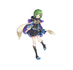 Rule 34 | 1girl, absurdres, arms behind back, belt, belt pouch, black dress, blue eyes, blush, boots, cape, commentary request, covered collarbone, detached sleeves, dress, feather trim, fire emblem, fire emblem: the blazing blade, fire emblem heroes, full body, gold trim, green hair, hair ornament, hairband, highres, hood, hood down, hooded cape, leg up, long sleeves, looking at viewer, nino (fire emblem), nintendo, official art, open mouth, pouch, sakura shiori, short dress, short hair, simple background, smile, solo, white background