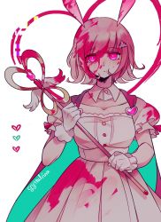 Rule 34 | 1girl, ahoge, animal ears, artist name, blood, blood on clothes, blood on face, breasts, cape, closed mouth, collarbone, commentary, cosplay, cowboy shot, danganronpa (series), danganronpa 2: goodbye despair, detached collar, dress, english commentary, fake animal ears, frills, gem, gloves, hair ornament, hairclip, hands up, heart, highres, holding, holding staff, looking at viewer, medium breasts, nanami chiaki, pink cape, pink eyes, pink hair, puffy short sleeves, puffy sleeves, rabbit ears, rina (crystalrina), serious, short hair, short sleeves, simple background, solo, spaceship hair ornament, staff, usami (danganronpa), usami (danganronpa) (cosplay), white background, white gloves, wings