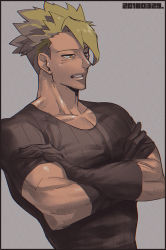 Rule 34 | 1boy, achilles (fate), crossed arms, fate/apocrypha, fate (series), gen yoro, gloves, green hair, male focus, manly, pectorals, shirt, simple background, smile, solo, yellow eyes
