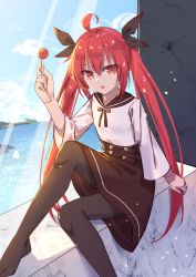 Rule 34 | 1girl, absurdres, ahoge, black ribbon, blue sky, bow, brown bow, brown pantyhose, brown sailor collar, brown skirt, candy, cloud, commentary request, date a live, day, fang, food, hair between eyes, hair ribbon, hand up, highres, holding, holding candy, holding food, holding lollipop, horizon, itsuka kotori, knee up, lollipop, long hair, mo (pixiv9929995), no shoes, ocean, outdoors, pantyhose, parted lips, red eyes, red hair, ribbon, sailor collar, school uniform, serafuku, shirt, sidelocks, sitting, skirt, sky, solo, striped, striped bow, sunlight, twintails, very long hair, water, white shirt