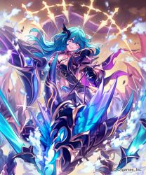Rule 34 | 1girl, armor, blue eyes, blue hair, dragon, dragon riding, facial mark, floating, floating object, gauntlets, hair between eyes, hair ornament, highres, lee hyeseung, long hair, midriff, navel, official art, open mouth, pauldrons, shingeki no bahamut, shoulder armor, solo