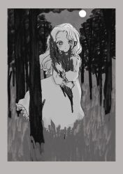 Rule 34 | 1girl, border, closed mouth, dress, frilled dress, frills, full body, full moon, grass, grey border, greyscale, highres, holding, holding plant, kitsutsuki yuzu, long hair, long sleeves, looking at viewer, monochrome, moon, original, outdoors, plant, solo, standing, tree