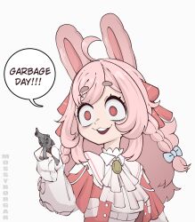 Rule 34 | 1girl, :3, :d, absurdres, ahoge, aiming, alternate costume, animal ears, artist name, ascot, bags under eyes, constricted pupils, english text, gun, hair ornament, hand up, handgun, highres, jacket, long hair, mossyartburger, open clothes, open jacket, open mouth, phase connect, pink hair, pipkin pippa, rabbit ears, rabbit girl, red eyes, red jacket, revolver, sanpaku, scene reference, short eyebrows, silent night deadly night part 2, simple background, sleeves past fingers, sleeves past wrists, smile, speech bubble, thick eyebrows, upper body, virtual youtuber, weapon, white background
