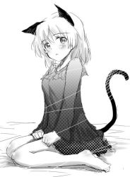 Rule 34 | 1girl, animal ears, blush, cat ears, cat tail, greyscale, halftone, looking at viewer, monochrome, nightgown, sandwich (artist), sanya v. litvyak, solo, stipple coloring, strike witches, tail, tsuchii (ramakifrau), world witches series