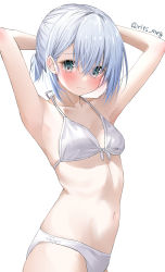Rule 34 | 1girl, absurdres, armpits, arms behind head, arms up, bang dream!, bikini, blush, breasts, closed mouth, commentary, from side, front-tie bikini top, front-tie top, frown, green eyes, halterneck, highres, kawai ritsu (rits meg), kurata mashiro, looking at viewer, navel, short hair, short ponytail, silver hair, simple background, small breasts, solo, standing, swimsuit, twitter username, white background, white bikini