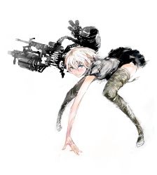 Rule 34 | 1girl, android, arm cannon, bent over, blonde hair, blue eyes, gun, highres, jittsu, original, short hair, simple background, sketch, skirt, smile, solo, thighhighs, weapon