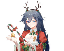 Rule 34 | 1girl, absurdres, black hair, blue eyes, breasts, candy, candy cane, christmas, cleavage, cleavage cutout, closed mouth, clothing cutout, dress, fake antlers, food, fu hua, highres, holding, holding food, honkai (series), honkai impact 3rd, long hair, long sleeves, medium breasts, red dress, simple background, smile, solo, upper body, white background, youmiao oxo
