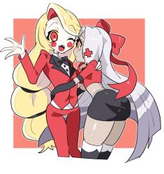 Rule 34 | 2girls, arm around shoulder, black skirt, blonde hair, bow, bowtie, charlie morningstar, circle facial mark, colored inner hair, colored sclera, colored skin, couple, cropped legs, fangs, formal, grey hair, grey skin, hair bow, hair over one eye, hazbin hotel, hug, long hair, miniskirt, multicolored hair, multiple girls, pink sclera, red eyes, red suit, saeki (pixiv 70169809), skirt, suit, thighhighs, thighs, tuxedo, vaggie, very long hair, white skin, yellow eyes, yellow sclera, yuri