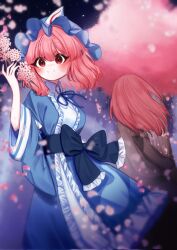 Rule 34 | 2girls, blue headwear, blue kimono, blue ribbon, blush, branch, cherry blossoms, closed mouth, commentary request, dual persona, falling petals, frilled kimono, frills, from behind, hat, highres, holding, holding branch, japanese clothes, kimono, korean commentary, long hair, medium hair, mob cap, multiple girls, neck ribbon, petals, pink hair, ribbon, saigyouji yuyuko, saigyouji yuyuko (living), sleeve garter, smile, tohou89, touhou, tree, triangular headpiece, wide sleeves