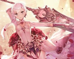 Rule 34 | 1girl, asymmetrical hair, blood, blood on clothes, center opening, dolce (dolsuke), gloves, grey eyes, petals, sinoalice, skirt, snow white (sinoalice), solo, sword, thighhighs, weapon, white hair