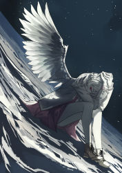 Rule 34 | 1girl, azling, boots, braid, dress, feathered wings, highres, jacket, kishin sagume, looking at viewer, medium hair, moon, on moon, pink dress, red eyes, single braid, single wing, sitting, solo, space, star (symbol), touhou, white hair, white jacket, wings