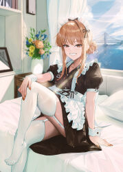 Rule 34 | 1girl, absurdres, apron, arm support, black bow, black dress, black ribbon, blush, bow, brown eyes, brown hair, copyright request, day, dress, feet, fieryonion, flower, foot out of frame, frilled apron, frills, garter straps, grin, hair bow, hair bun, hair ribbon, hand on own knee, highres, indoors, knee up, legs, looking at viewer, maid, maid headdress, nail polish, no shoes, on bed, pillow, puffy short sleeves, puffy sleeves, red nails, ribbon, short sleeves, sidelocks, sitting, smile, solo, thighhighs, toes, vase, white apron, white garter straps, white thighhighs, window