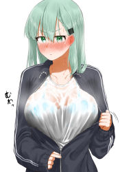 Rule 34 | 1girl, absurdres, aqua hair, black jacket, blush, bra, breasts, closed mouth, commentary request, gekiteki na beefsteak, green eyes, hair between eyes, hair ornament, hairclip, highres, jacket, kantai collection, large breasts, long hair, long sleeves, nose blush, see-through, shirt, simple background, solo, suzuya (kancolle), track jacket, underwear, upper body, wet, wet clothes, wet shirt, white background