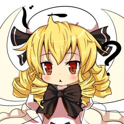 Rule 34 | 1girl, ?, blush, bow, drill hair, fairy wings, female focus, hat, kururunpa, luna child, open mouth, puffy sleeves, red eyes, solo, touhou, white background, wings