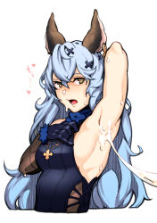 Rule 34 | 1girl, animal ears, arm up, armpit focus, armpits, bad id, bad pixiv id, black gloves, blue hair, blush, cum, cum on armpit, cum on armpits, cum on body, cum on upper body, cum string, dyun, earrings, erune, ferry (granblue fantasy), fur trim, gloves, granblue fantasy, hair between eyes, heart, highres, jewelry, light blue hair, long hair, open mouth, presenting armpit, simple background, single earring, solo, tongue, upper body, white background, yellow eyes