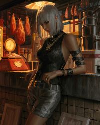 Rule 34 | 1girl, absurdres, bare shoulders, belt, belt buckle, between fingers, black belt, black shirt, breasts, brown eyes, buckle, ceiling light, cigarette, closed mouth, commentary, ear piercing, earrings, english text, food, grey hair, grey shorts, guweiz, highres, holding, holding cigarette, jewelry, kitchen knife, looking at viewer, meat, medium breasts, necktie, original, piercing, revision, ring, shirt, short shorts, shorts, sleeveless, sleeveless shirt, solo, stud earrings, thick eyebrows
