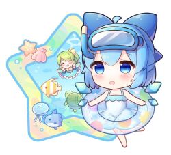 Rule 34 | 2girls, animal, ascot, blue bow, blue eyes, blue hair, blue skirt, blue vest, blush, bow, cirno, clam, closed eyes, coa (chroo x), daiyousei, detached wings, drooling, fairy, fish, green hair, hair bow, ice, ice wings, innertube, jellyfish, long hair, mouth drool, multiple girls, open mouth, short hair, skirt, smile, starfish, swim ring, touhou, turtle, vest, wings, yellow ascot