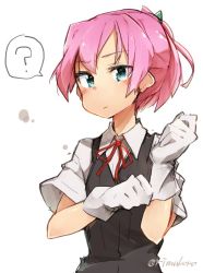 Rule 34 | 10s, 1girl, ?, aqua eyes, bad id, bad twitter id, bike shorts, blouse, buttons, eyebrows, gloves, kantai collection, neck ribbon, pink hair, pleated skirt, red ribbon, ribbon, rimukoro, school uniform, shiranui (kancolle), shirt, short hair, short ponytail, short sleeves, shorts, shorts under skirt, simple background, skirt, solo, speech bubble, spoken question mark, upper body, vest, white background, white gloves, white shirt