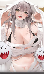 Rule 34 | 1girl, :d, bikini, black bikini, blush, boo (mario), breasts, chest sarashi, claw pose, cleavage, commentary request, eyes visible through hair, ghost, ghost costume, green eyes, hair between eyes, hands up, highres, hololive, huge breasts, long hair, looking at viewer, mario (series), mole, mole on breast, navel, niii (memstapak), nintendo, open mouth, sarashi, shirogane noel, silver hair, smile, solo, stomach, string bikini, swimsuit, upper body, virtual youtuber
