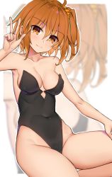 Rule 34 | 1girl, alternate costume, bare arms, bare legs, bare shoulders, breasts, cleavage, collarbone, commentary request, fate/grand order, fate (series), fujimaru ritsuka (female), hair between eyes, hair ornament, hair scrunchie, highres, leotard, looking at viewer, medium breasts, navel, one side up, orange eyes, orange hair, orange scrunchie, playboy bunny, scrunchie, shuutou haruka, smile, solo, w
