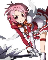 Rule 34 | 10s, 1girl, armor, bow, bowtie, gloves, hair ornament, hairclip, holding, holding weapon, lisbeth (sao), looking at viewer, parted lips, pauldrons, pink hair, red eyes, short hair, shoulder armor, simple background, solo, striped, striped bow, sword art online, thigh strap, war hammer, warhammer, weapon, white background, white bow, white gloves