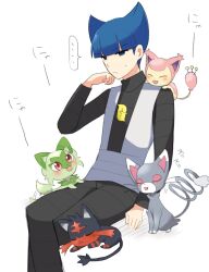 Rule 34 | ..., 1boy, black pants, black shirt, blue eyes, blue hair, blunt bangs, cat, closed mouth, commentary request, creatures (company), game freak, gen 3 pokemon, gen 4 pokemon, gen 7 pokemon, glameow, grey vest, hand up, highres, litten, logo, long sleeves, male focus, nintendo, ohn pkmn, pants, pokemon, pokemon (creature), pokemon dppt, saturn (pokemon), shirt, sitting, skitty, spoken ellipsis, sprigatito, sweatdrop, team galactic, team galactic uniform, two side up, vest, white background