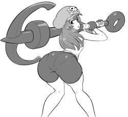 Rule 34 | 1girl, anchor, ass, bike shorts, fingerless gloves, gloves, guilty gear, guilty gear strive, hat, highres, huge ass, huge weapon, jadf, long hair, looking back, may (guilty gear), monochrome, pantylines, solo, weapon, white background