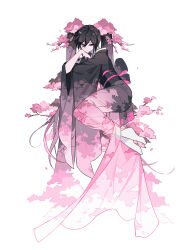 Rule 34 | 1girl, absurdres, black eyes, black hair, bow, branch, cherry blossoms, closed mouth, expressionless, falling petals, floral print, flower, gradient hair, hair between eyes, hand on own chin, hatsune miku, highres, japanese clothes, kazenemuri, kimono, long hair, long sleeves, looking at viewer, multicolored hair, petals, pink flower, pink hair, pink petals, see-through, sidelocks, simple background, solo, twintails, very long hair, vocaloid, white background, wide sleeves