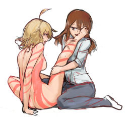 Rule 34 | 10s, 2girls, age difference, ahoge, aimitsu (ibityuttyu), akuma no riddle, ass, barefoot, black pants, blonde hair, blue shirt, blush, breasts, brown eyes, brown hair, butt crack, clothed female nude female, denim, eyebrows, feet, foot worship, from behind, full-body tattoo, full body, hair between eyes, hashiri nio, jeans, leg hold, leg up, licking, licking foot, long hair, long sleeves, multiple girls, nude, open mouth, pants, red eyes, shirt, short hair, simple background, sitting, sleeves past elbows, sleeves pushed up, sleeves rolled up, smile, tattoo, tongue, white background, white legwear, yuri, yuri meichi