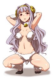 Rule 34 | 1girl, arms behind head, arms up, bell, clearite, cowbell, horns, idolmaster, idolmaster (classic), long hair, navel, red eyes, sheep horns, shijou takane, silver hair, simple background, solo, squatting