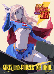 Rule 34 | 1girl, alternate costume, blonde hair, blue eyes, breasts, cape, character name, cleavage, copyright name, emblem, girls und panzer, kay (girls und panzer), long hair, looking to the side, navel, red cape, saunders (emblem), skindentation, smile, solo, thighs, twitter username, underboob, western comics (style), white legwear, yellow background, yurikuta tsukumi