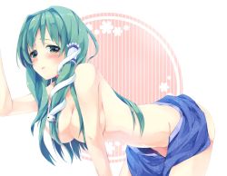Rule 34 | 1girl, :o, blue eyes, blush, breasts, censored, cleavage, convenient censoring, female focus, frown, gradient eyes, green eyes, green hair, hair ornament, hair over breasts, hair tubes, hanging breasts, kochiya sanae, large breasts, leaning forward, long hair, matching hair/eyes, multicolored eyes, navel, sana (unyata), skirt, snake, solo, tears, topless, touhou
