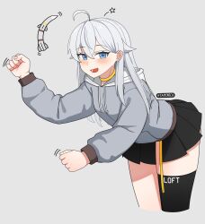 Rule 34 | 1girl, :d, ahoge, aim-120 amraam, artist name, atamonica, black skirt, black thighhighs, blue eyes, blush, choker, commentary, dancing, english commentary, front slit, grey background, grey hair, grey hoodie, hair between eyes, hair flaps, hands up, highres, hood, hoodie, leaning forward, long hair, long sleeves, looking at viewer, miniskirt, missile, motion lines, open mouth, original, personification, pleated skirt, puffy long sleeves, puffy sleeves, simple background, single thighhigh, skirt, smile, solo, star (symbol), thighhighs, thighs, yellow choker