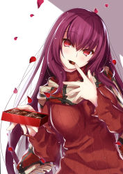Rule 34 | 1girl, blush, box, breasts, chocolate, closed mouth, fate/grand order, fate (series), gift, gift box, hair between eyes, highres, large breasts, long hair, long sleeves, looking at viewer, mouth hold, outstretched arm, petals, purple hair, red eyes, red sweater, ribbed sweater, scarf, scathach (fate), shade, solo, sweater, turtleneck, turtleneck sweater, valentine, white background, yoshida takuma