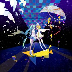 Rule 34 | adapted costume, blouse, boots, from side, hako (swimjelly), hatsune miku, high heel boots, high heels, holding, holding umbrella, kagamine rin, long hair, microskirt, see-through, shirt, skirt, standing, thigh boots, thighhighs, triangle, umbrella, very long hair, vocaloid, white shirt