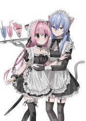 Rule 34 | 2girls, alternate costume, animal ear fluff, animal ears, apron, bendy straw, black bow, black choker, black dress, black gloves, black thighhighs, blue eyes, blue hair, blush, bow, braid, cat ears, cat girl, cat tail, chihuri, choker, closed mouth, collarbone, commentary request, cup, dress, drinking glass, drinking straw, ende (chihuri), enmaided, frilled apron, frilled choker, frilled thighhighs, frills, garter straps, gloves, grey thighhighs, hair between eyes, highres, holding, holding tray, juliet sleeves, long hair, long sleeves, maid, maid headdress, multiple girls, nea (chihuri), original, pink hair, puffy short sleeves, puffy sleeves, purple eyes, short sleeves, simple background, smile, tail, thighhighs, tray, very long hair, white apron, white background, wrist cuffs