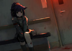 Rule 34 | 1girl, animal ears, arknights, bandages, between legs, black jacket, black shirt, black socks, blood, bloody bandages, blue hair, cat ears, commentary, dark blue hair, door, dutch angle, feet out of frame, green eyes, hand between legs, headset, jacket, jessica (arknights), knee pads, long hair, long sleeves, looking at viewer, melon syrup, open clothes, open jacket, ponytail, shirt, single knee pad, sitting, socks, solo