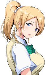 Rule 34 | 1girl, ayase eli, blonde hair, blue eyes, bow, bowtie, breasts, collared shirt, from side, hair ornament, hair scrunchie, highres, large breasts, looking at viewer, love live!, ponytail, scrunchie, shirt, short sleeves, simple background, smile, solo, sweater vest, upper body, wewe, white background