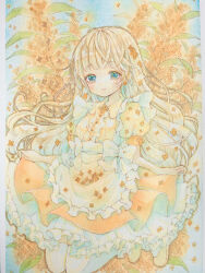 1girl absurdres amu_(m_aa) apron aqua_eyes blonde_hair bow closed_mouth collared_shirt flower frilled_apron frills highres long_hair orange_flower orange_skirt original osmanthus painting_(medium) pantyhose petticoat shirt skirt skirt_hold smile solo traditional_media very_long_hair watercolor_(medium) white_apron white_bow white_pantyhose yellow_shirt