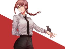 Rule 34 | 1girl, 4chi, animal, arm behind back, ass, bad id, bad twitter id, black necktie, black pants, braid, braided ponytail, breasts, brown hair, business suit, chainsaw man, collared shirt, formal, high-waist pants, highres, holding, holding animal, light smile, long hair, looking at viewer, makima (chainsaw man), medium breasts, mouse (animal), necktie, pants, red background, ringed eyes, shirt, shirt tucked in, smile, solo, suit, white background, white shirt, yellow eyes