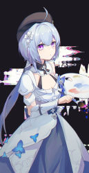 Rule 34 | 1girl, absurdres, ahoge, blue butterfly, blue hair, bug, butterfly, closed mouth, dress, expressionless, grey background, griseo, griseo (starry impression), hair ornament, hairclip, hat, highres, honkai (series), honkai impact 3rd, insect, long hair, looking at viewer, paint, paintbrush, palette (object), ponytail, purple eyes, redfish, solo