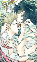 Rule 34 | 2boys, adam&#039;s apple, art nouveau, artist name, black hair, blonde hair, boku no hero academia, collared shirt, ear piercing, eraser head (boku no hero academia), facial hair, goatee, half-closed eyes, hand on another&#039;s arm, hand on another&#039;s chest, hand on another&#039;s neck, highres, imminent kiss, ju 10 ju 10, male focus, medium hair, multiple boys, open mouth, pectorals, piercing, present mic, shirt, short hair, sideburns, sidepec, signature, spiked hair, tinted eyewear, toned, toned male, undressing another, upper body, yaoi