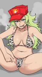 Rule 34 | bikini, bleach, bleach: sennen kessen-hen, blonde hair, breasts, breasts apart, candice catnipp, collarbone, green eyes, grey background, hand on own thigh, hat, highres, large breasts, long hair, messy hair, navel, oeoeoe (fyzs5787), open mouth, red hat, sitting, spread legs, steaming body, stomach, sweat, swimsuit, teeth, thighs, tongue, tongue out