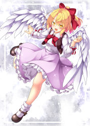 Rule 34 | 1girl, :d, aka tawashi, black footwear, blonde hair, blush, bow, bowtie, breasts, brown vest, commentary request, feathered wings, full body, gengetsu (touhou), hair between eyes, hair bow, half updo, hand up, high heels, highres, leg up, looking at viewer, mary janes, medium breasts, open mouth, petticoat, pink skirt, red bow, red bowtie, shirt, shoes, short hair, skirt, smile, socks, solo, sparkle, touhou, touhou (pc-98), vest, white shirt, white socks, white wings, wings, yellow eyes
