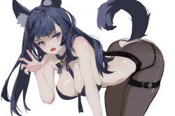 Rule 34 | 1girl, absurdres, ahoge, animal ears, ass, bare shoulders, black bra, black hair, blunt bangs, bra, choker, commentary, fang, fishnet pantyhose, fishnets, grandia lee, highres, hime cut, lingerie, long hair, o-ring, o-ring thigh strap, open mouth, original, pale skin, pantyhose, purple choker, purple eyes, purple hair, simple background, solo, symbol-only commentary, tail, thigh strap, thighs, underwear