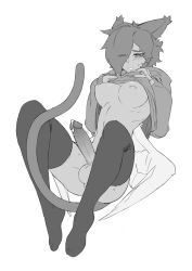 Rule 34 | 1futa, animal ears, breasts, cat ears, cat girl, cat tail, clothes lift, commission, erection, futanari, greyscale, hair over one eye, highres, knifedragon, long sleeves, medium breasts, monochrome, nipple piercing, original, penis, piercing, precum, short hair, simple background, solo, tail, testicles, thighhighs, uncensored, white background