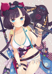 Rule 34 | 1girl, absurdres, bad id, bad pixiv id, bikini, black hair, blue eyes, blush, breasts, choco tanuki, closed mouth, fate/grand order, fate (series), goggles, goggles on head, highres, holding, holding sword, holding weapon, katsushika hokusai (fate), katsushika hokusai (swimsuit saber) (fate), large breasts, long hair, looking at viewer, solo, swimsuit, sword, weapon, white bikini