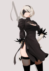 Rule 34 | 1girl, android, arm at side, black dress, black footwear, black hairband, black ribbon, black thighhighs, blindfold, boots, breasts, cleavage, cleavage cutout, closed mouth, clothing cutout, covered eyes, cowboy shot, dress, gloves, grey background, hairband, hand on own hip, highres, juliet sleeves, legs apart, long sleeves, medium breasts, mole, mole under mouth, nier (series), nier:automata, puffy sleeves, ribbon, sakura sora, short hair, side slit, silver hair, simple background, solo, sword, thigh boots, thighhighs, turtleneck, two-sided fabric, two-sided skirt, vambraces, weapon, weapon on back, 2b (nier:automata)