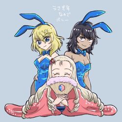 Rule 34 | 3girls, andou (girls und panzer), animal ears, asitubokusoita, bare shoulders, bc freedom (emblem), black hair, black pantyhose, blonde hair, blue bow, blue bowtie, blue eyes, blue leotard, bow, bowtie, breasts, brown eyes, chinese zodiac, closed eyes, closed mouth, collar, commentary, covered navel, dark-skinned female, dark skin, detached collar, drill hair, emblem, facing viewer, fake animal ears, folding fan, furisode, girls und panzer, grey background, hair ornament, hand fan, hand on own hip, highres, holding, holding fan, japanese clothes, kimono, leotard, long hair, looking at viewer, medium breasts, medium hair, multiple girls, new year, oshida (girls und panzer), pantyhose, pink kimono, playboy bunny, rabbit ears, simple background, smile, strapless, strapless leotard, translated, white collar, year of the rabbit